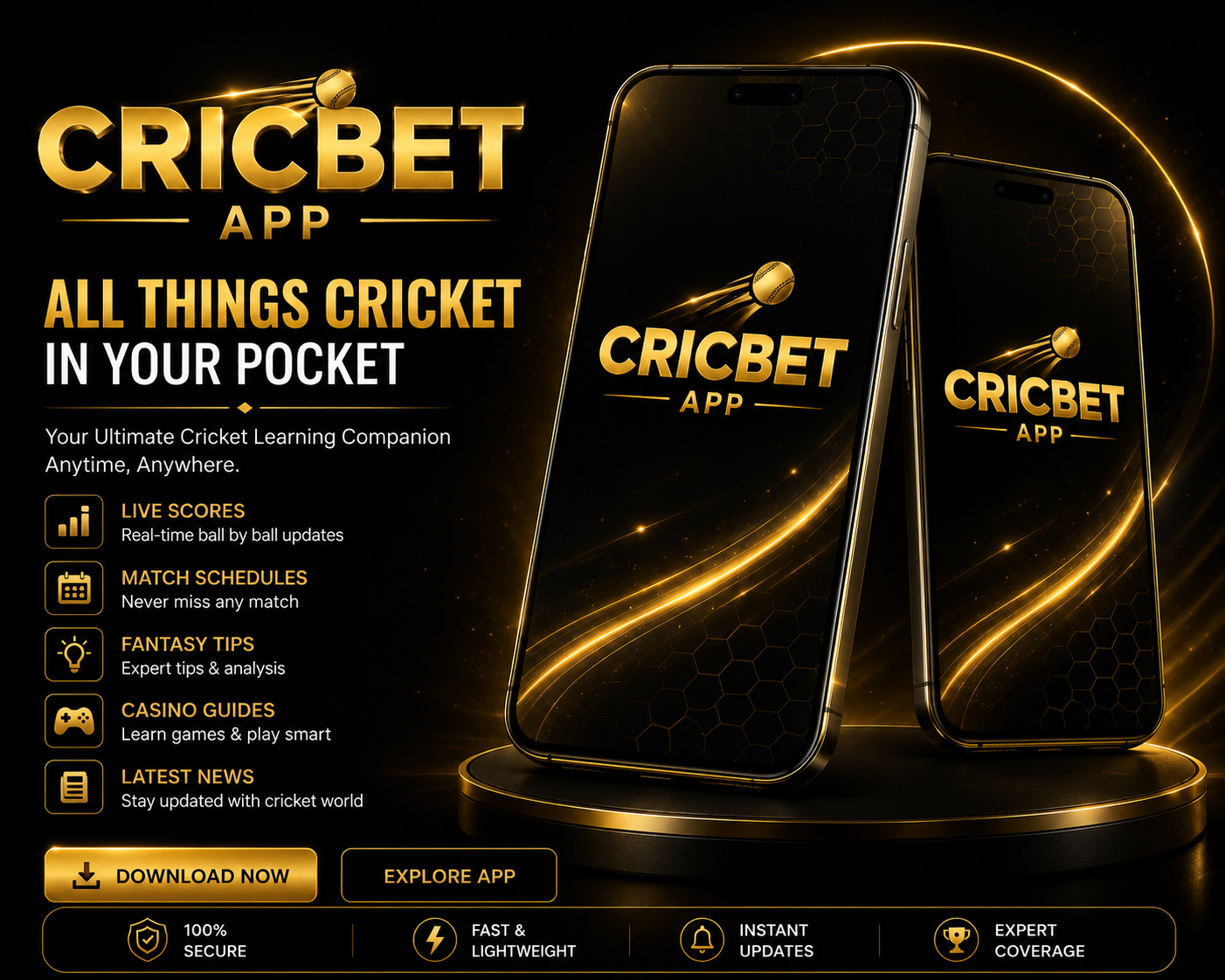 Cric Bet App mobile interface showing cricket guides, sports analytics, match insights, and educational learning resources.